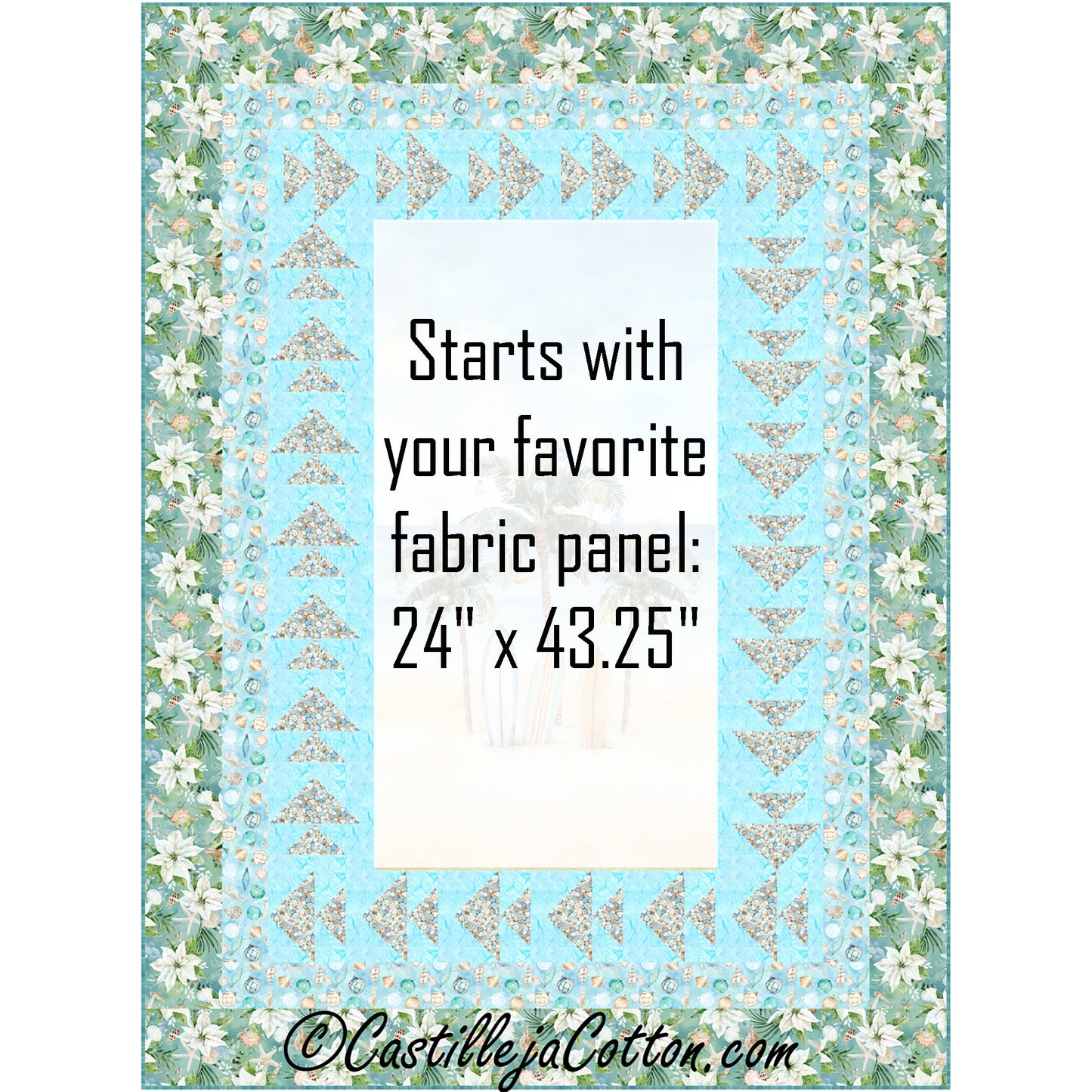 Seas Greeting quilt features a palm tree panel with a Christmas theme with a pieced fish border, which used pebble fabric. Where the panel would be located, in the middle, there is a note that this is where you would add your favorite fabric panel with a size of 24-inches by 43.25-inches.