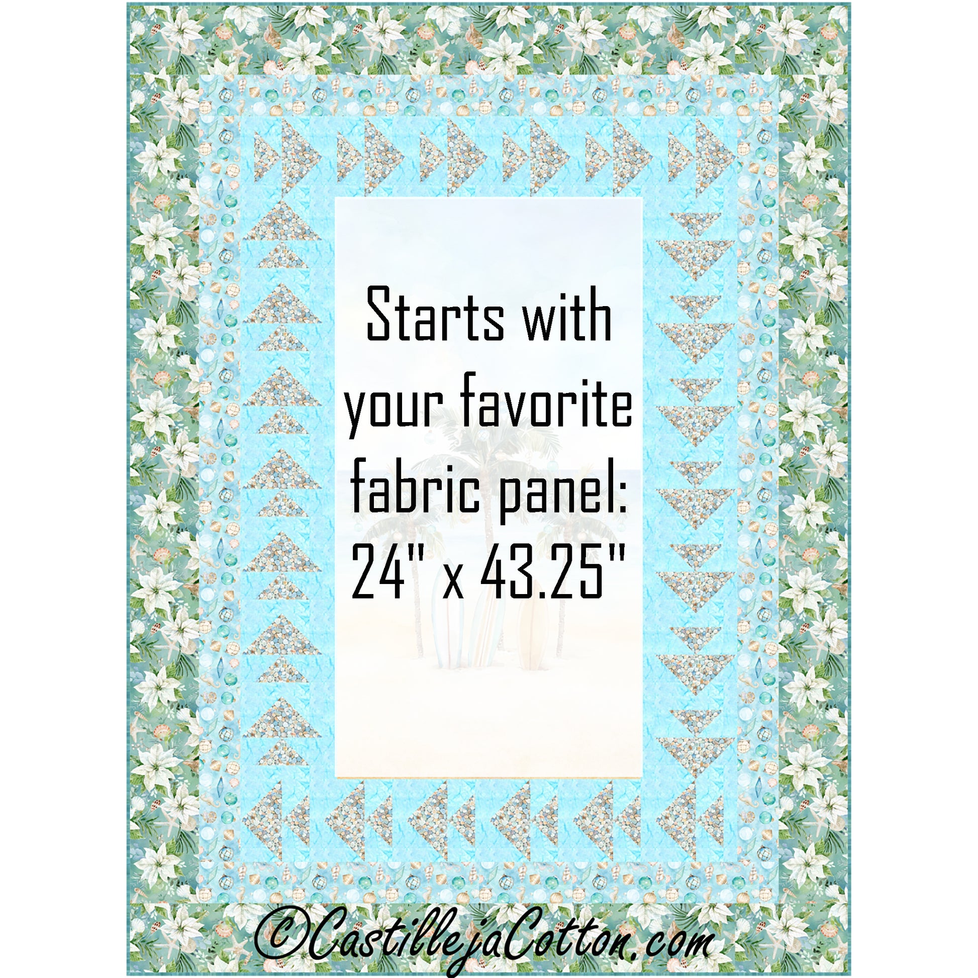 Seas Greeting quilt features a palm tree panel with a Christmas theme with a pieced fish border, which used pebble fabric. Where the panel would be located, in the middle, there is a note that this is where you would add your favorite fabric panel with a size of 24-inches by 43.25-inches.