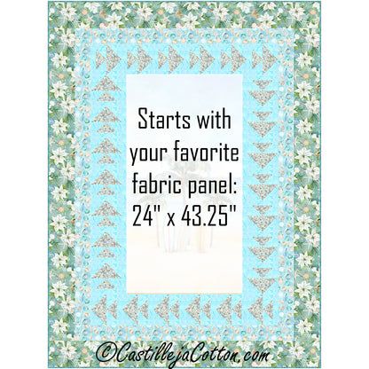 Seas Greeting quilt features a palm tree panel with a Christmas theme with a pieced fish border, which used pebble fabric. Where the panel would be located, in the middle, there is a note that this is where you would add your favorite fabric panel with a size of 24-inches by 43.25-inches.