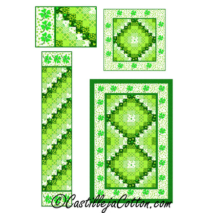 Showcasing four different sized colorful St. Patrick's Day quilt, table runner, wall hanging and place mat showcasing pretty green fabric in Bargello design and shamrocks.