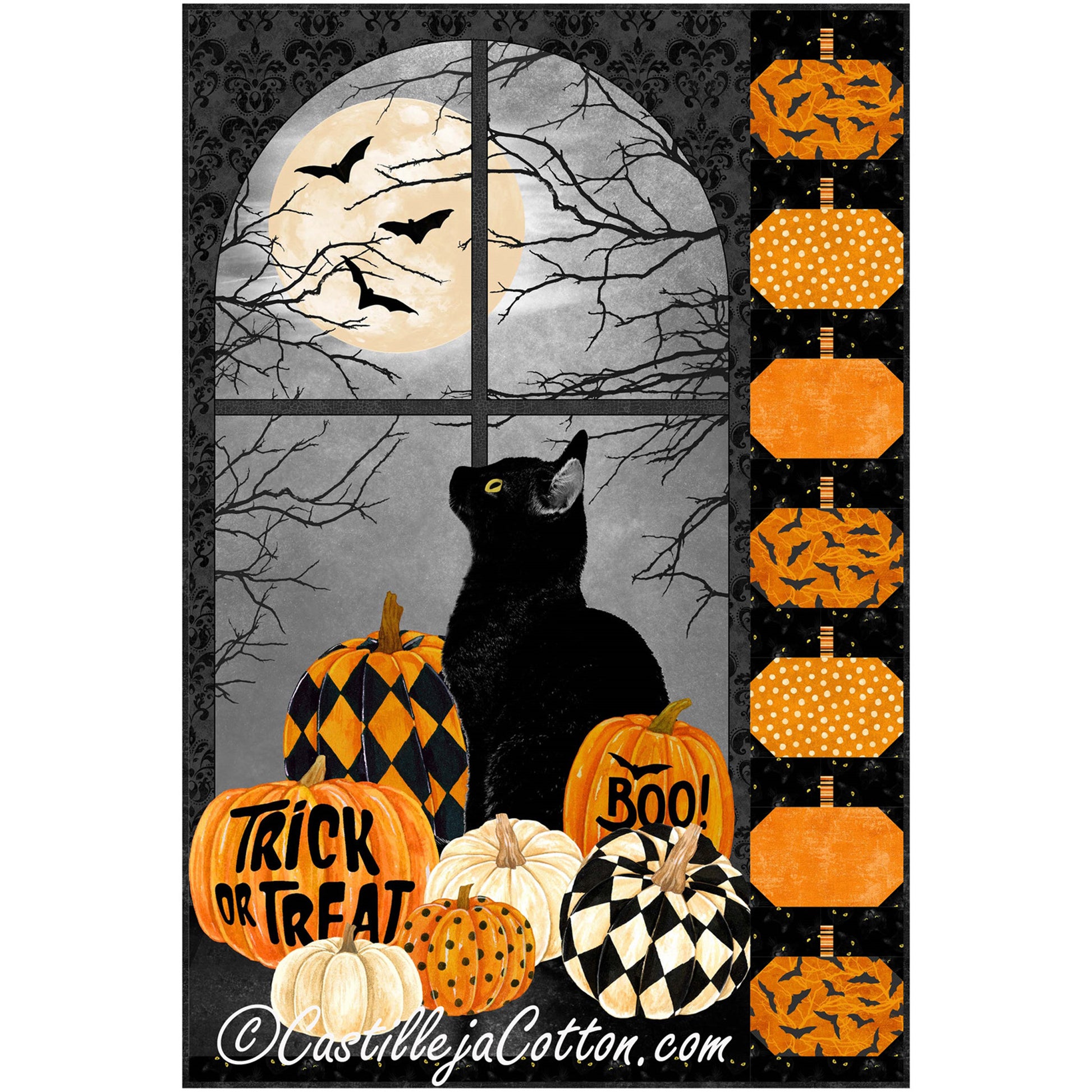 Halloween-themed decorative panel with pumpkins, a black cat, and moonlit window scene.