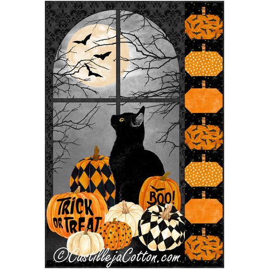 Halloween-themed decorative panel with pumpkins, a black cat, and moonlit window scene.