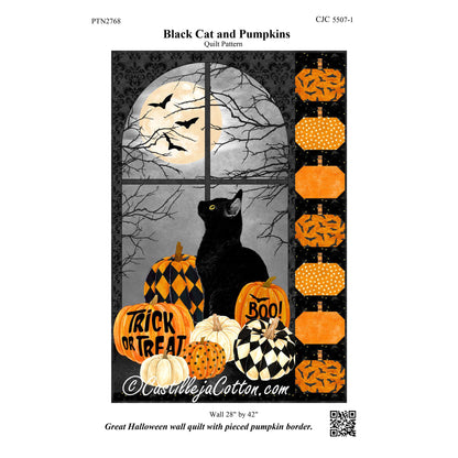 Halloween-themed quilt pattern with black cat and pumpkins, featuring a window view of a full moon and trees.
