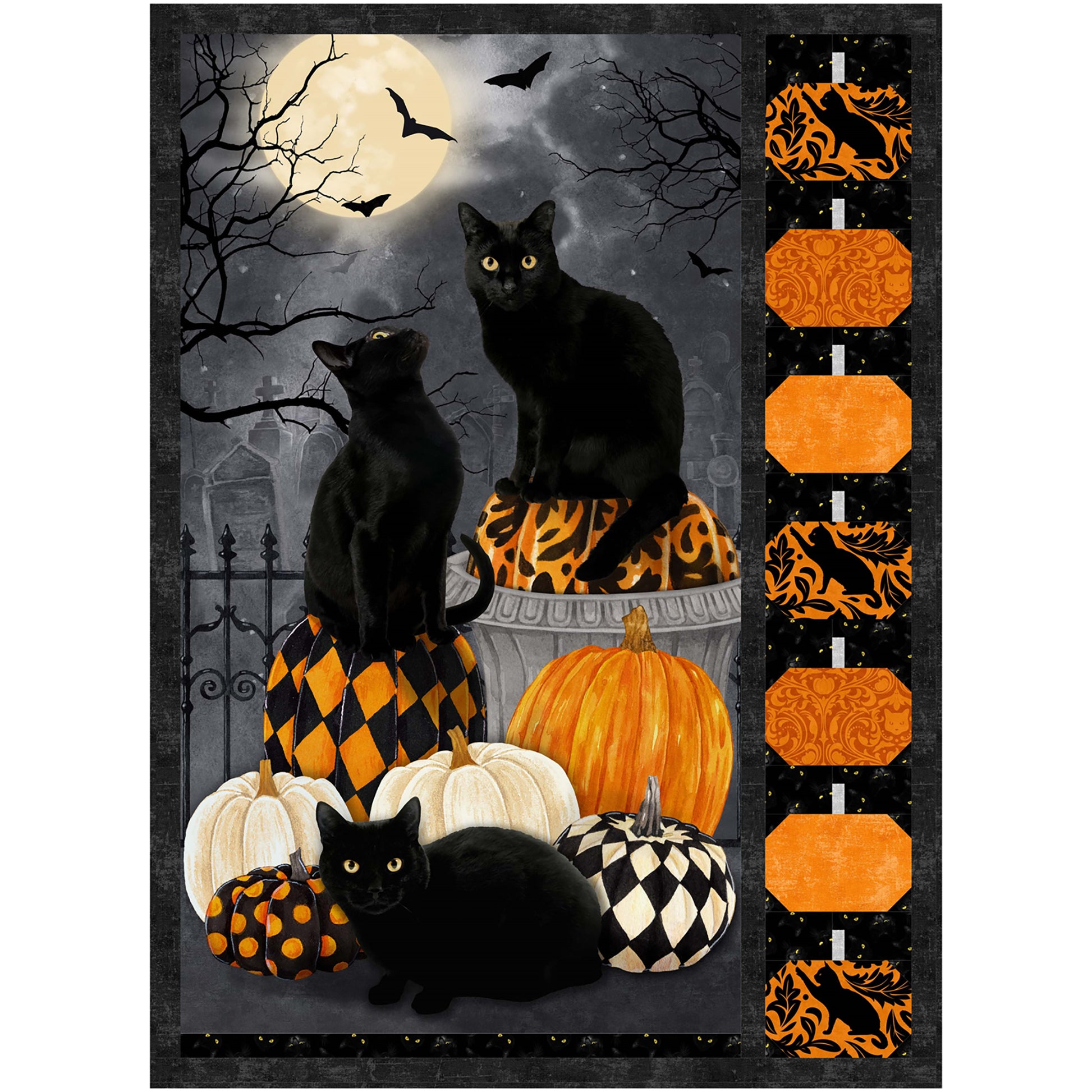 A Halloween-themed quilt featuring playful black cats and vibrant pumpkins.