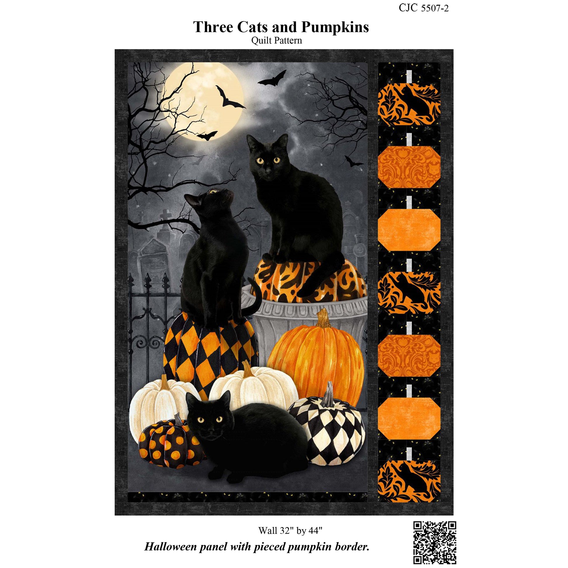 Cover image of pattern for Three Cats and Pumpkins Quilt.