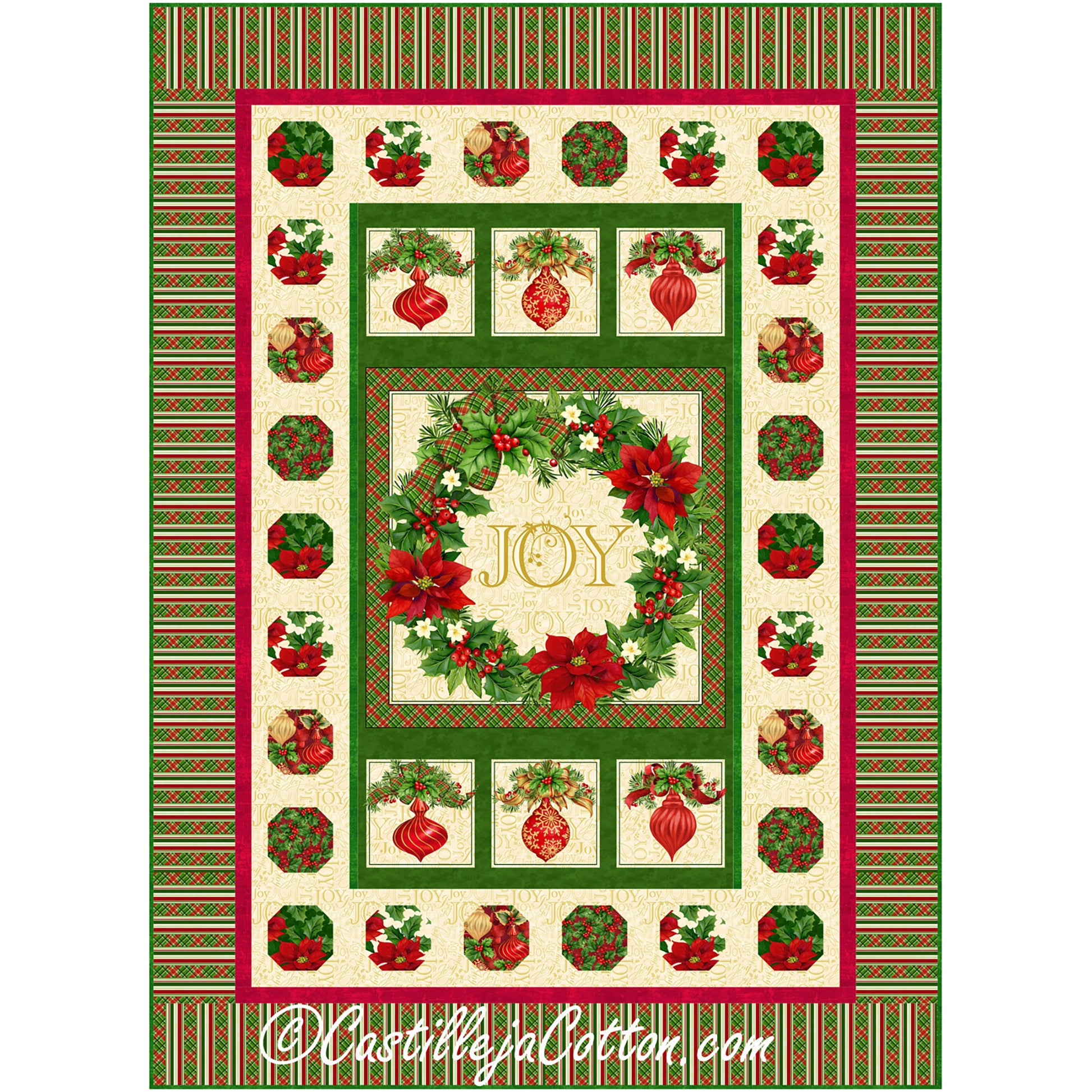 Ornaments and Wreath quilt features a wreath panel with pieced ornaments borders.