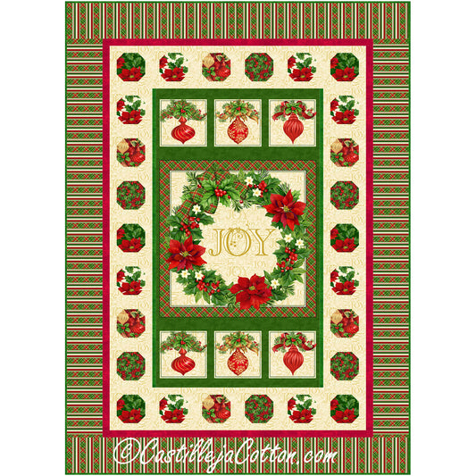 Ornaments and Wreath quilt features a wreath panel with pieced ornaments borders.