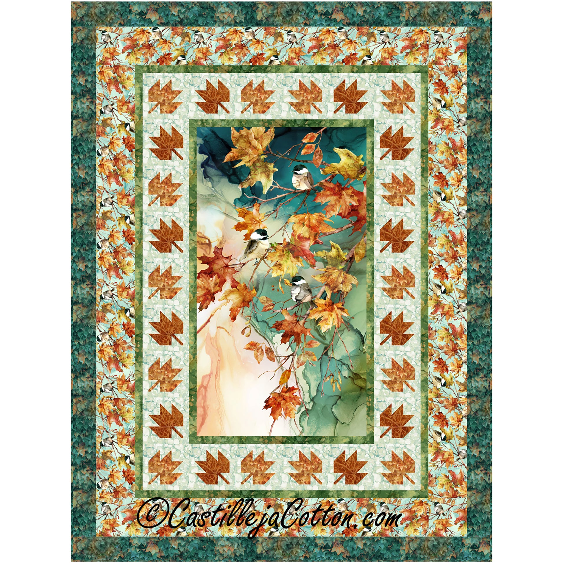 Vibrant fall quilt with picture of chickadees on tree branches with fall colored leaves and maple leaves double border.