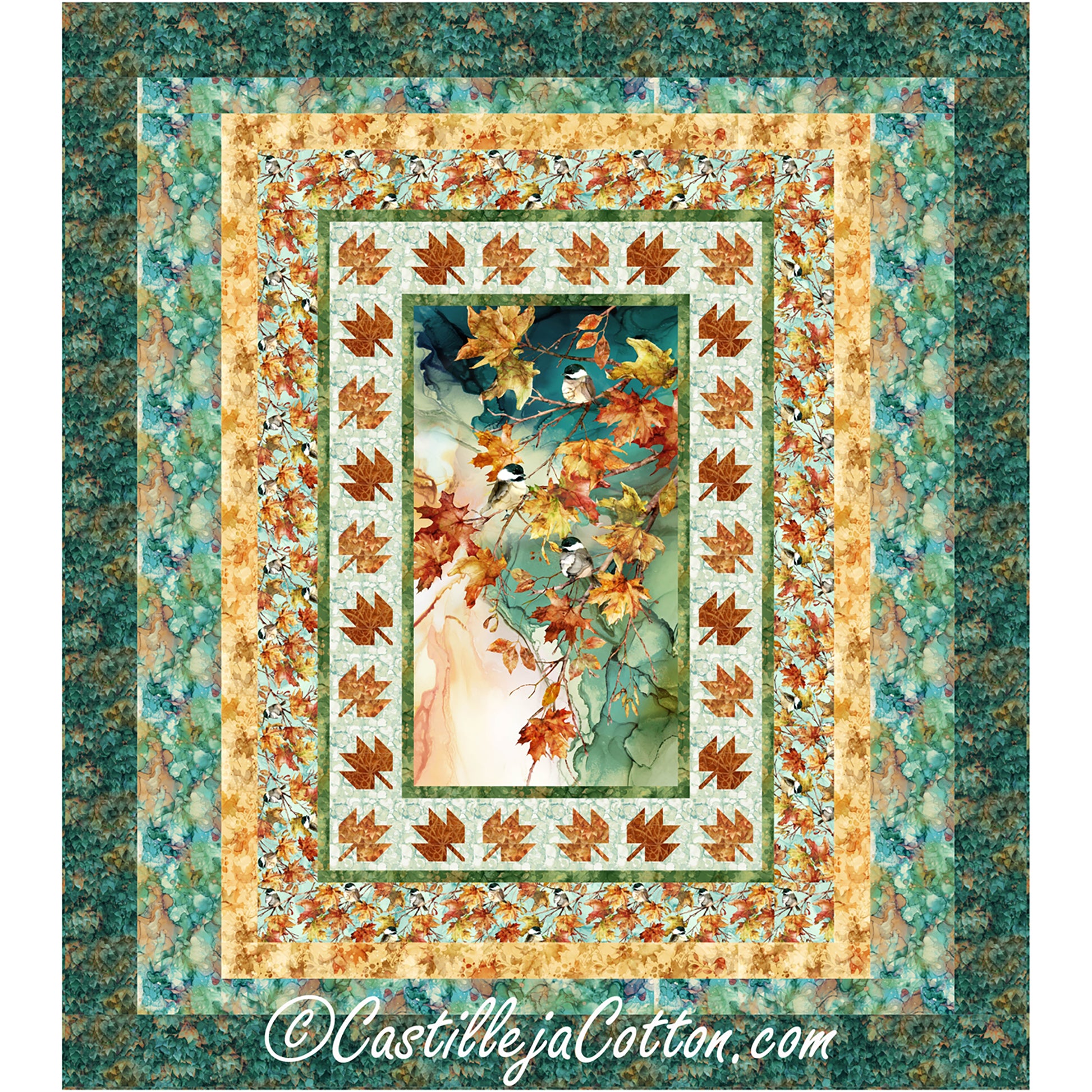 Autumn Chickadees Queen quilt features an Autumn panel with pieced leaves with fused stems