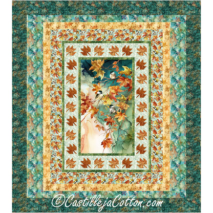 Autumn Chickadees Queen quilt features an Autumn panel with pieced leaves with fused stems