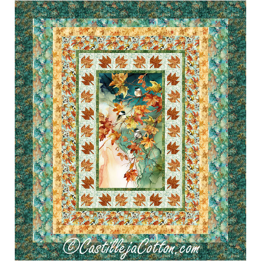 Autumn Chickadees Queen quilt features an Autumn panel with pieced leaves with fused stems