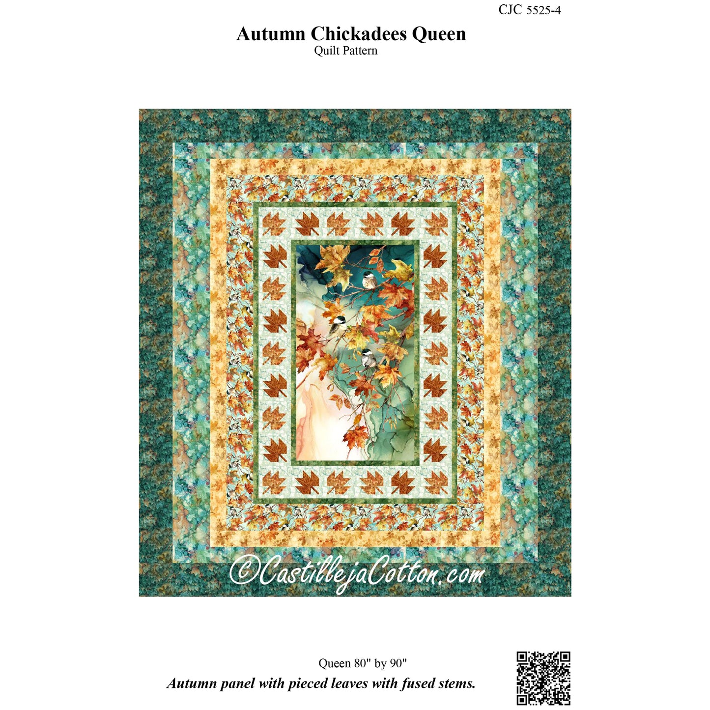 Cover image of pattern for Autumn Chickadees Queen quilt.