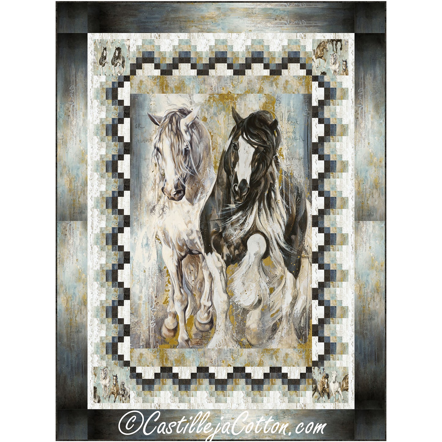 Beautiful black, white, and brown quilt showcases two prancing horses.