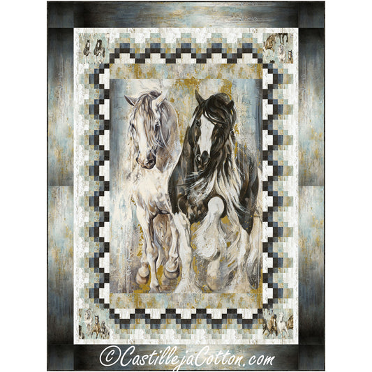 Beautiful black, white, and brown quilt showcases two prancing horses.