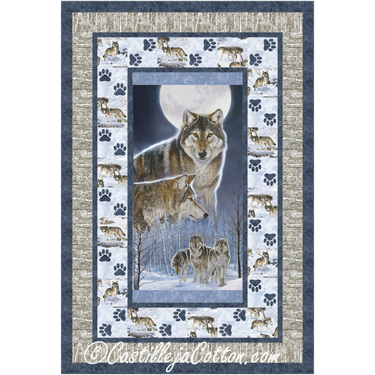 A beautifully crafted quilt depicting a wolf and two dogs frolicking in the snow, perfect for winter decor.