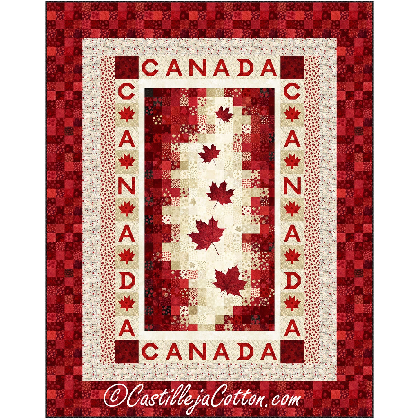 Canadian Maple quilt features a panel with appliqued letters and leaves in the pieced borders. The panel has a bargello feel with falling maple leaves and you add your own border of "CANADA" and maple leaves.