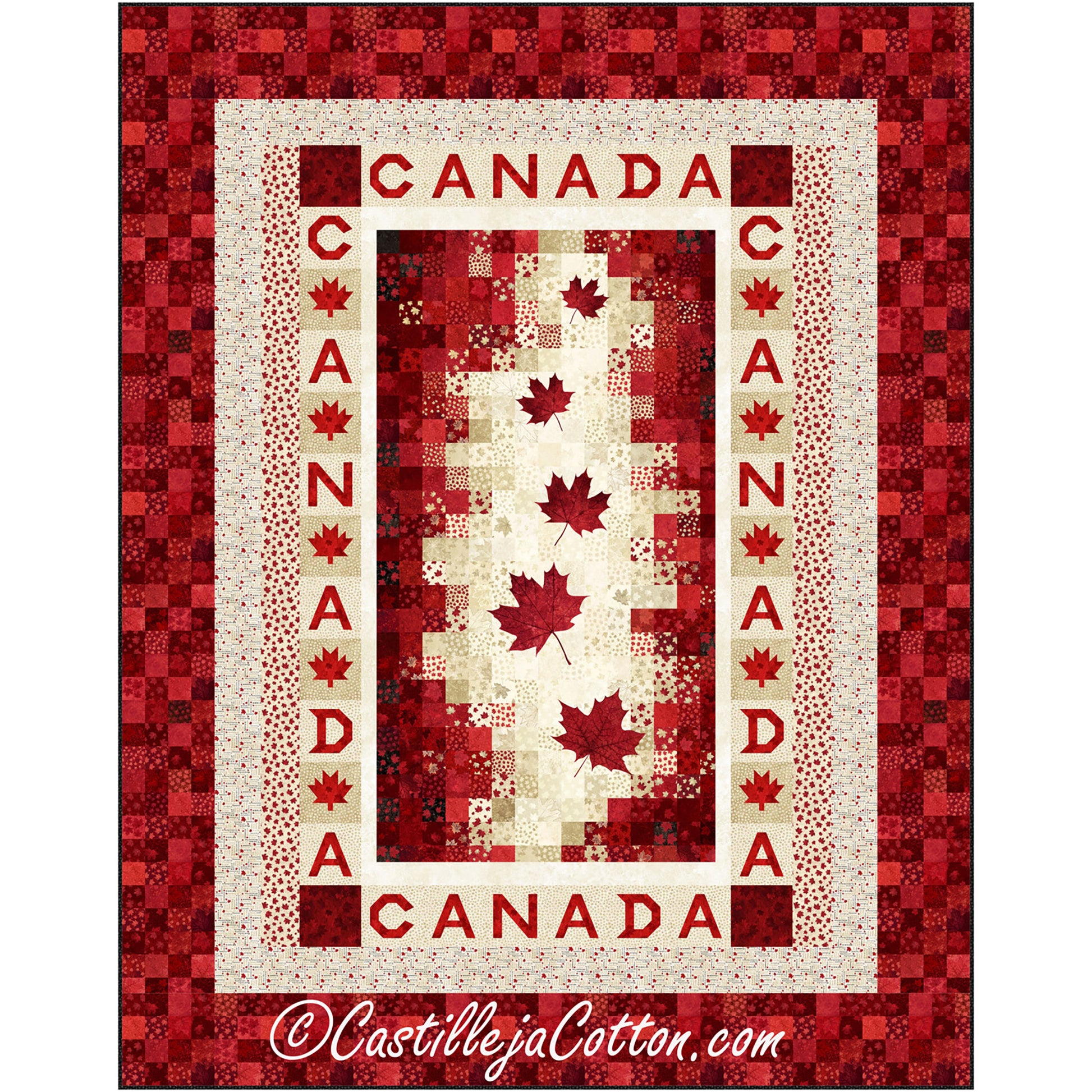 Canadian Maple quilt features a panel with appliqued letters and leaves in the pieced borders. The panel has a bargello feel with falling maple leaves and you add your own border of "CANADA" and maple leaves.