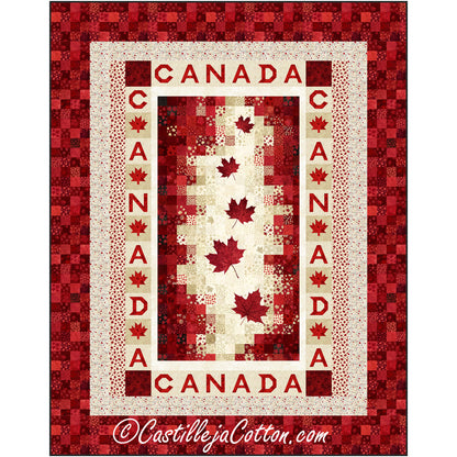 Canadian Maple quilt features a panel with appliqued letters and leaves in the pieced borders. The panel has a bargello feel with falling maple leaves and you add your own border of "CANADA" and maple leaves.