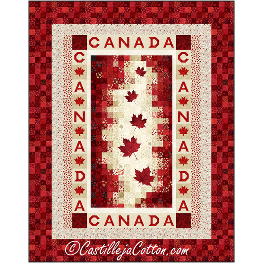 Canadian Maple quilt features a panel with appliqued letters and leaves in the pieced borders. The panel has a bargello feel with falling maple leaves and you add your own border of "CANADA" and maple leaves.