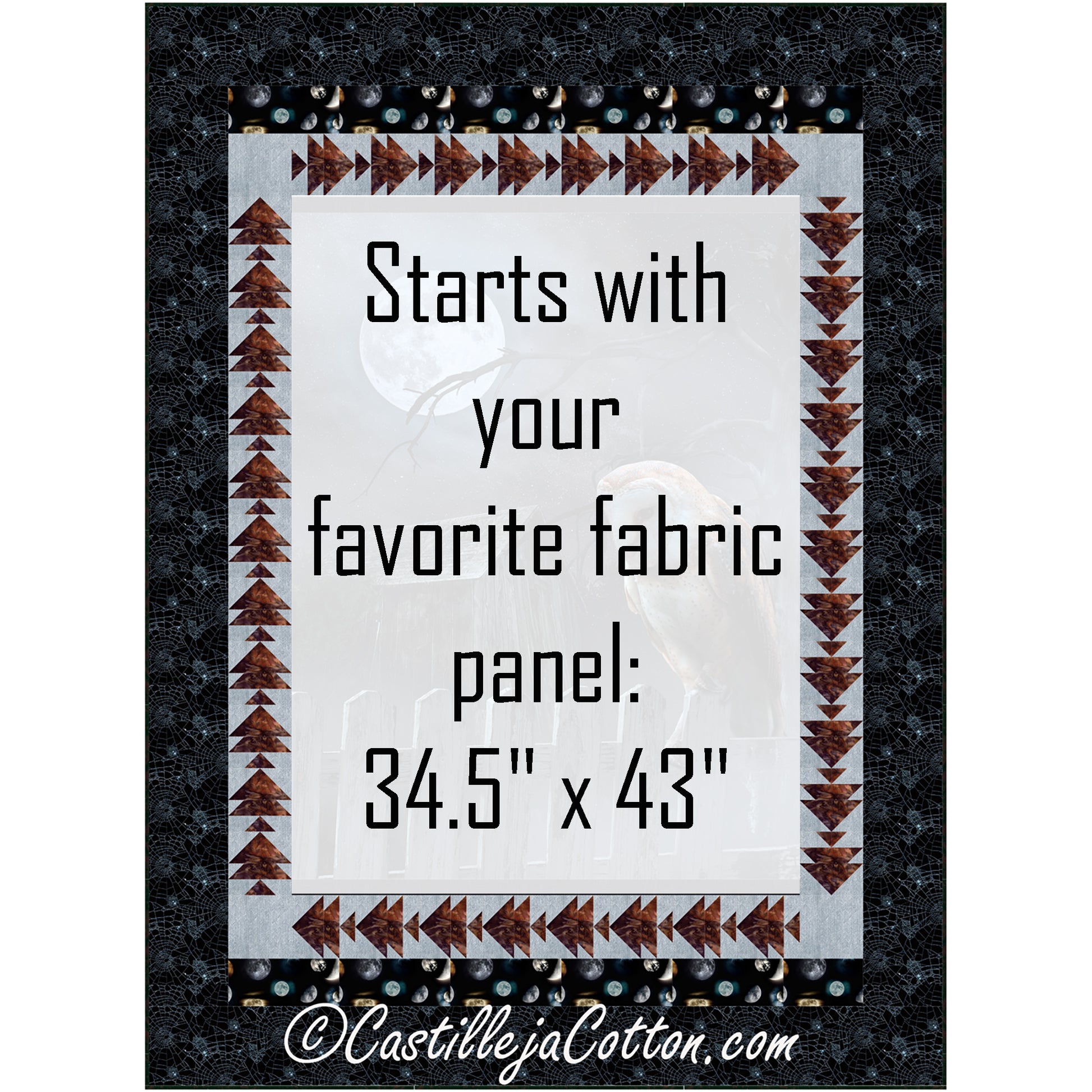 Night Owl quilt features an owl panel with bird pieced borders.  Middle, where the panel would be, has been highlighted to showcase where you would add your own 34 and a half by 43 inch panel.