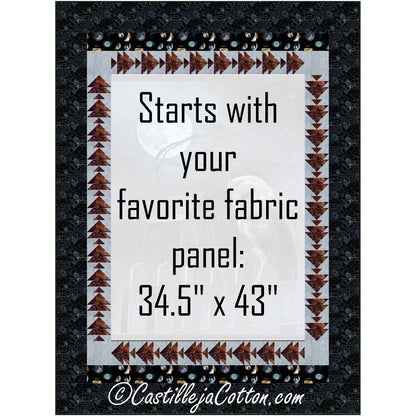 Night Owl quilt features an owl panel with bird pieced borders.  Middle, where the panel would be, has been highlighted to showcase where you would add your own 34 and a half by 43 inch panel.