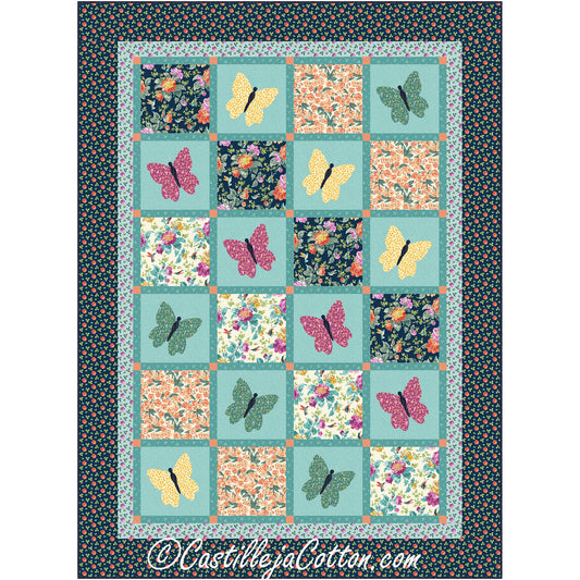 Butterflies and Flowers quilt is a fun fusible appliqued butterflies with large motif alternating blocks pattern.