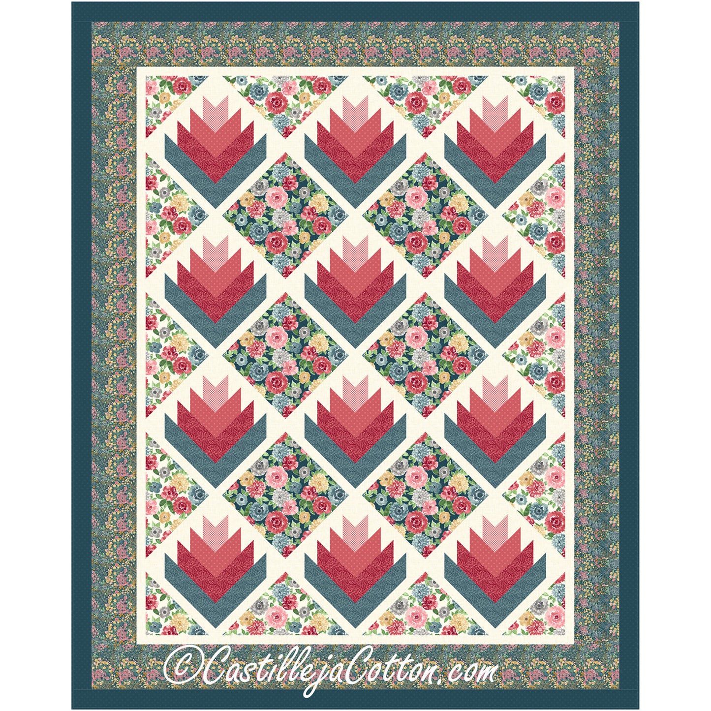 Somerset Log Cabin quilt features flowers and diamonds.
