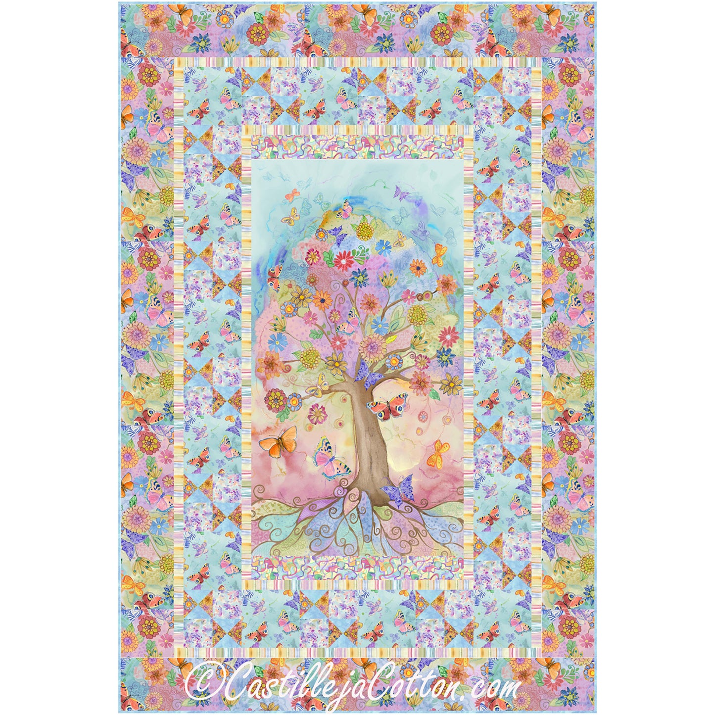 Love Bouquet quilt features a flower panel with pieced butterfly blocks and alternating butterfly block borders. The middle panel is an artistic summer tree with bright colors, flowers and butterflies.