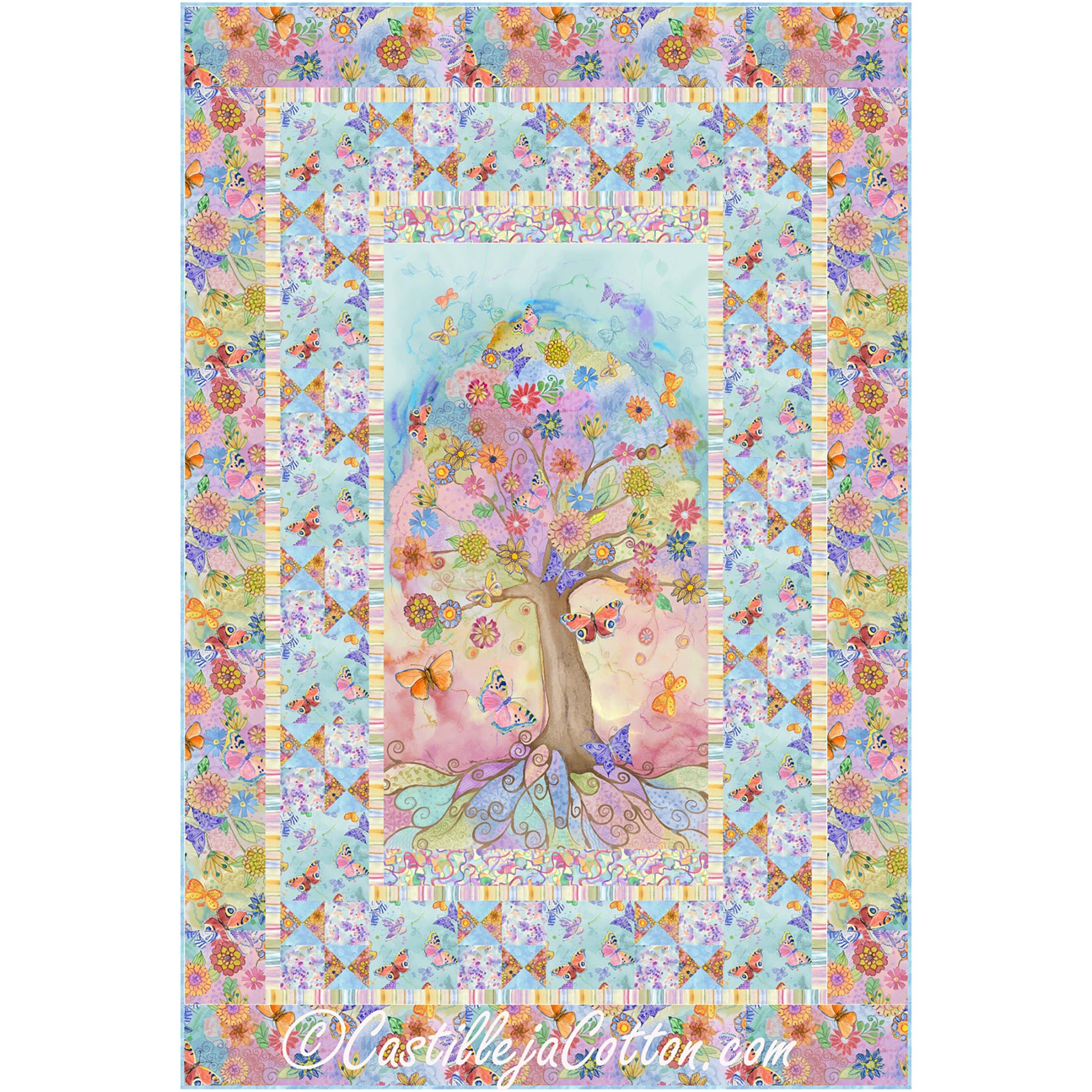 Love Bouquet quilt features a flower panel with pieced butterfly blocks and alternating butterfly block borders. The middle panel is an artistic summer tree with bright colors, flowers and butterflies.