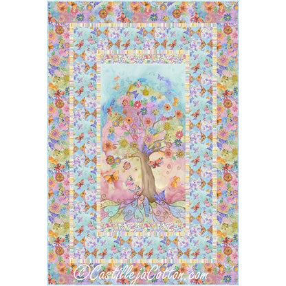 Love Bouquet quilt features a flower panel with pieced butterfly blocks and alternating butterfly block borders. The middle panel is an artistic summer tree with bright colors, flowers and butterflies.