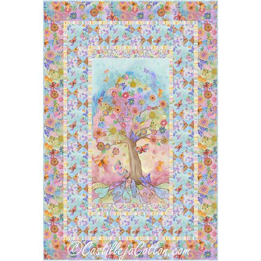 Love Bouquet quilt features a flower panel with pieced butterfly blocks and alternating butterfly block borders. The middle panel is an artistic summer tree with bright colors, flowers and butterflies.