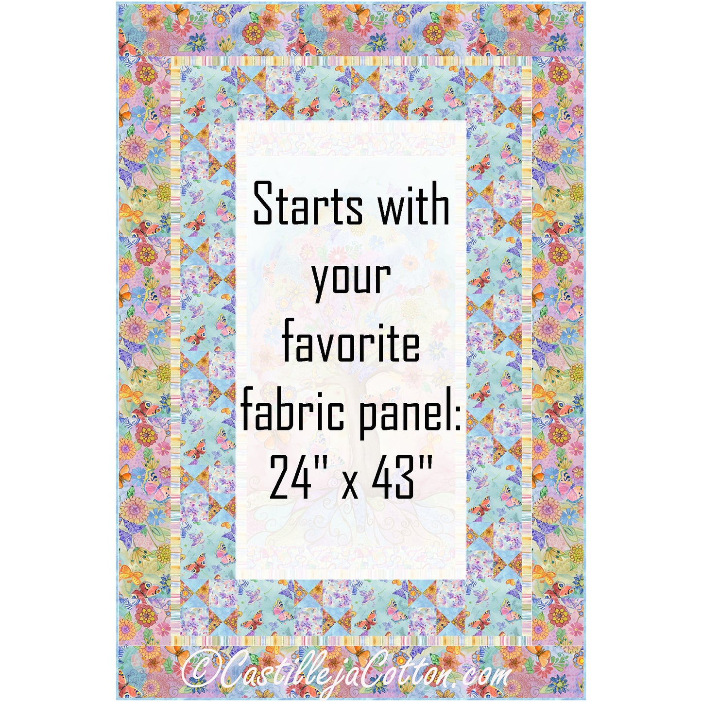 Love Bouquet quilt features a flower panel with pieced butterfly blocks and alternating butterfly block borders. The middle panel has been made white to show where you can add any fabric panel. Panel is 27 inches by 43 inches.