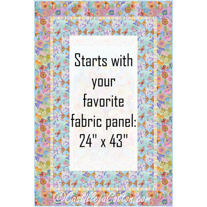 Love Bouquet quilt features a flower panel with pieced butterfly blocks and alternating butterfly block borders. The middle panel has been made white to show where you can add any fabric panel. Panel is 27 inches by 43 inches.