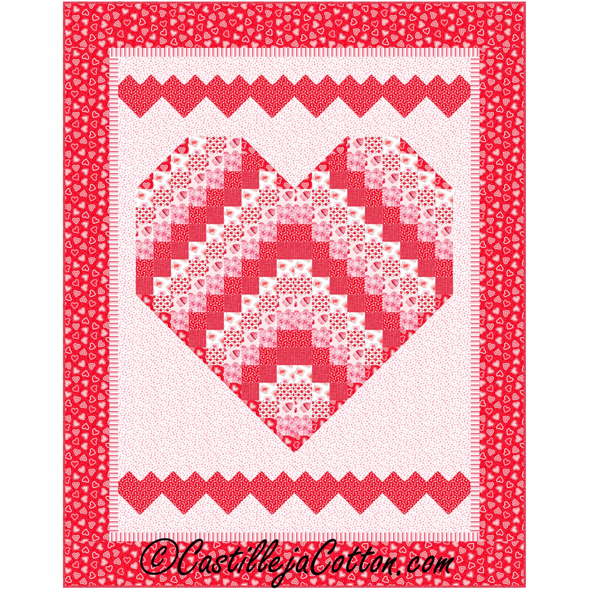 Patchwork red heart quilt with white border, perfect for cozying up on chilly nights.