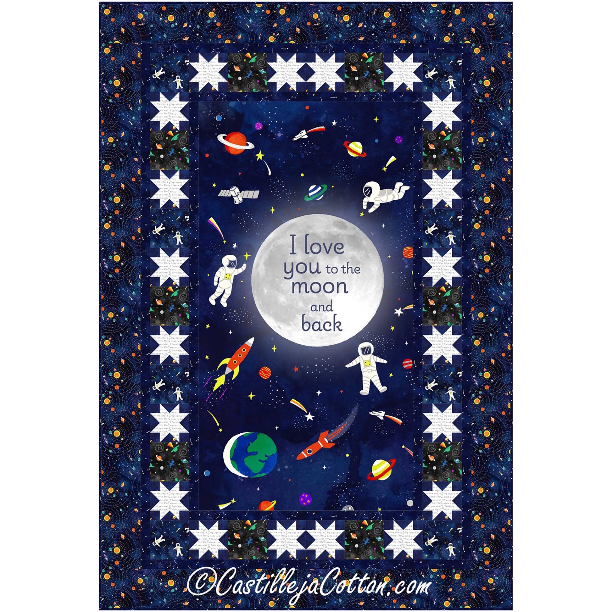 Space and Stars Lap quilt pattern features a panel (24" x 44") with pieced borders. Star points are made 4 at time method.