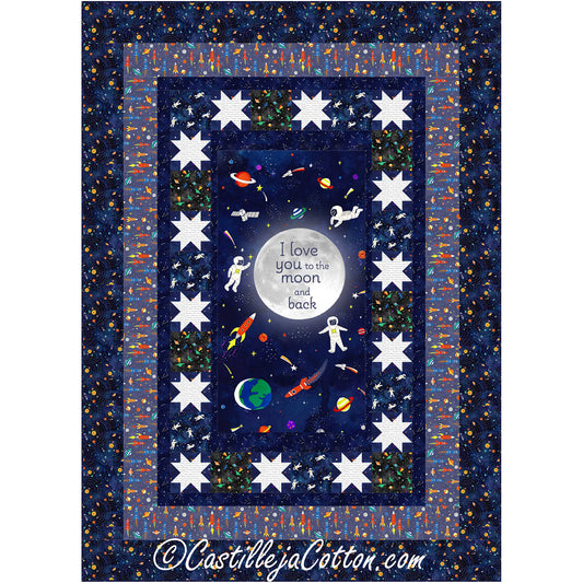 Panel with pieced borders. Star points are made 4 at time method. Panel twin quilt pattern. Perfect for your little astronaut. 