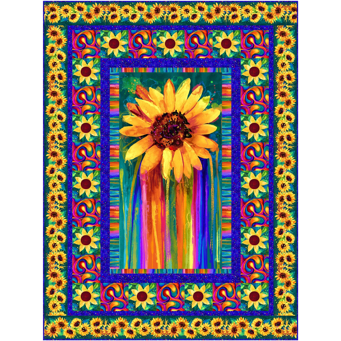 Colorful sunflower quilt with bright colors and framed with vibrant border including sunflowers.