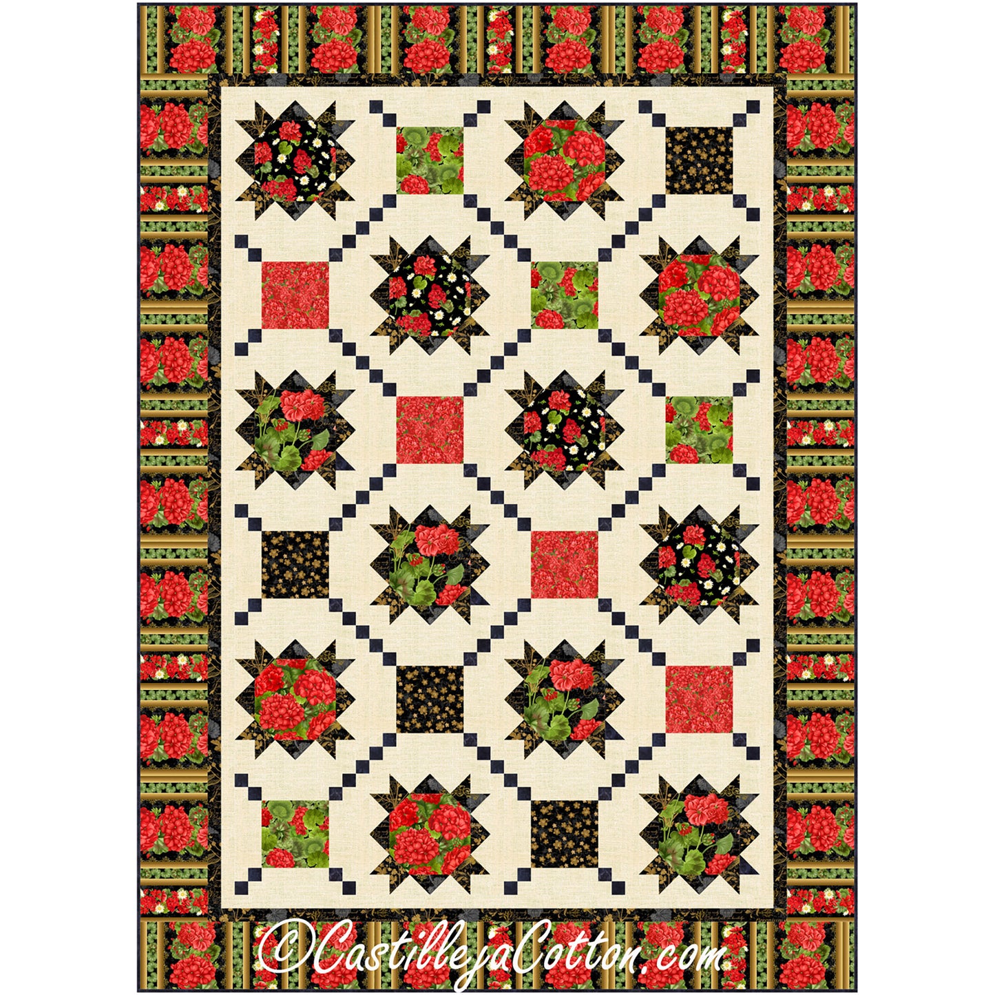 A vibrant quilt pattern featuring red, green, and black flowers.