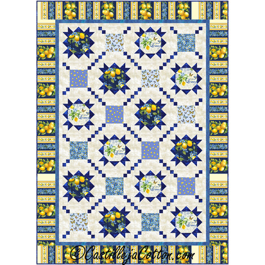 Bright and fun Lemon Stars quilt pattern. Eight HSTs at a time method for the star block with a simple alternate block.