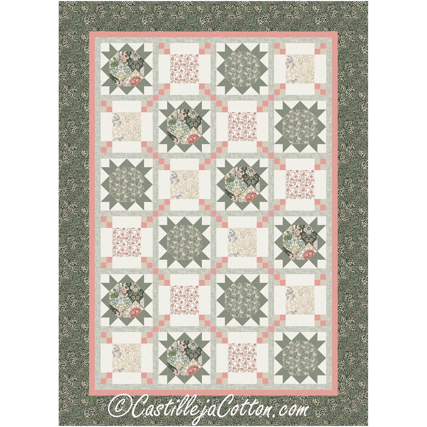 Belle Stars quilt is a pretty two block quilt featuring a fun star with floral prints in the middle and another block with square and 4 patch corners.  It gives a fun secondary parttern.