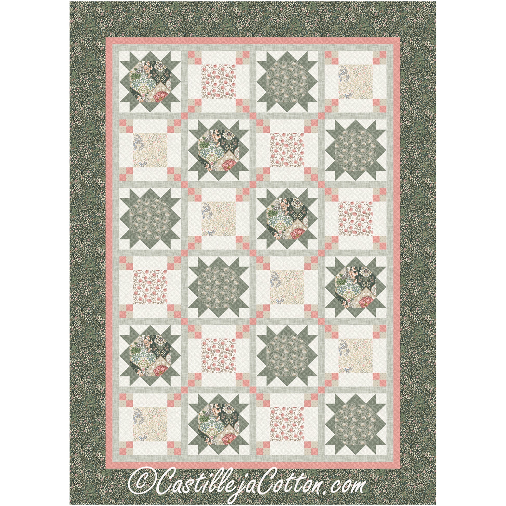 Belle Stars quilt is a pretty two block quilt featuring a fun star with floral prints in the middle and another block with square and 4 patch corners.  It gives a fun secondary parttern.