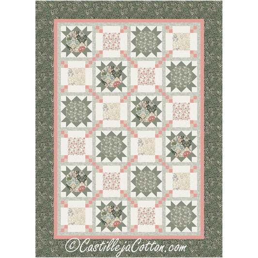 Belle Stars quilt is a pretty two block quilt featuring a fun star with floral prints in the middle and another block with square and 4 patch corners.  It gives a fun secondary parttern.