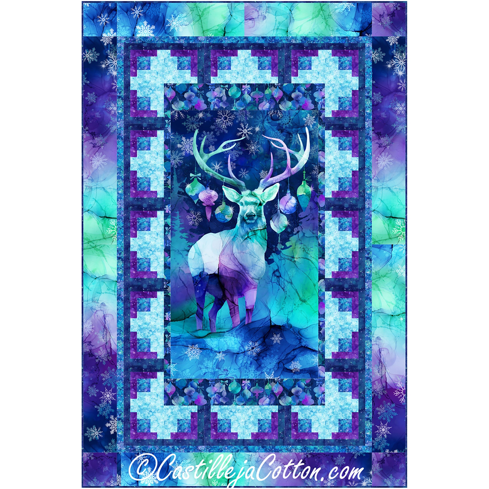 A decorative quilt featuring a deer on a blue backdrop, surrounded by beautiful purple floral patterns.