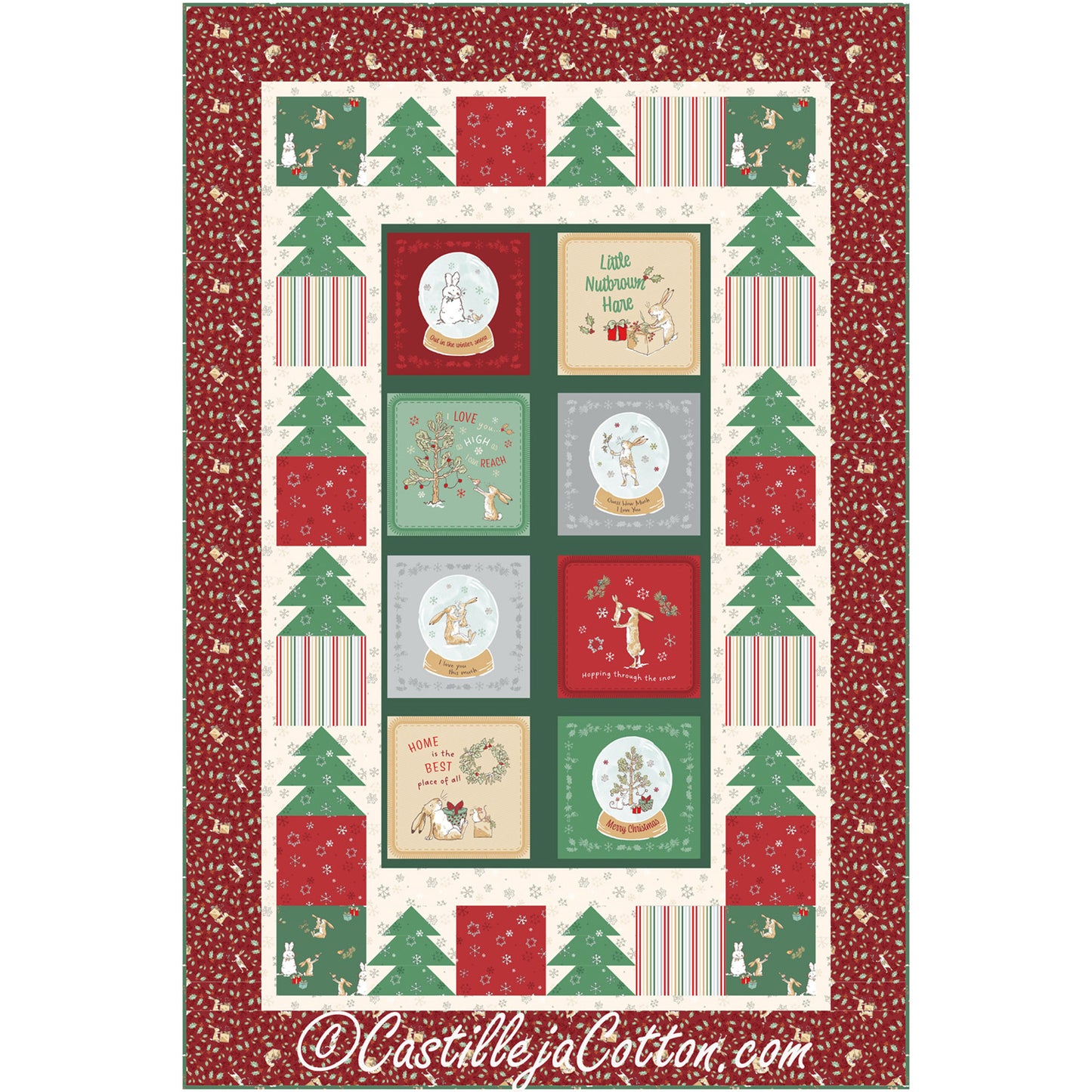 Fun holiday quilt features a panel of holiday sayings and snowballs with Christmas trees and presents border.