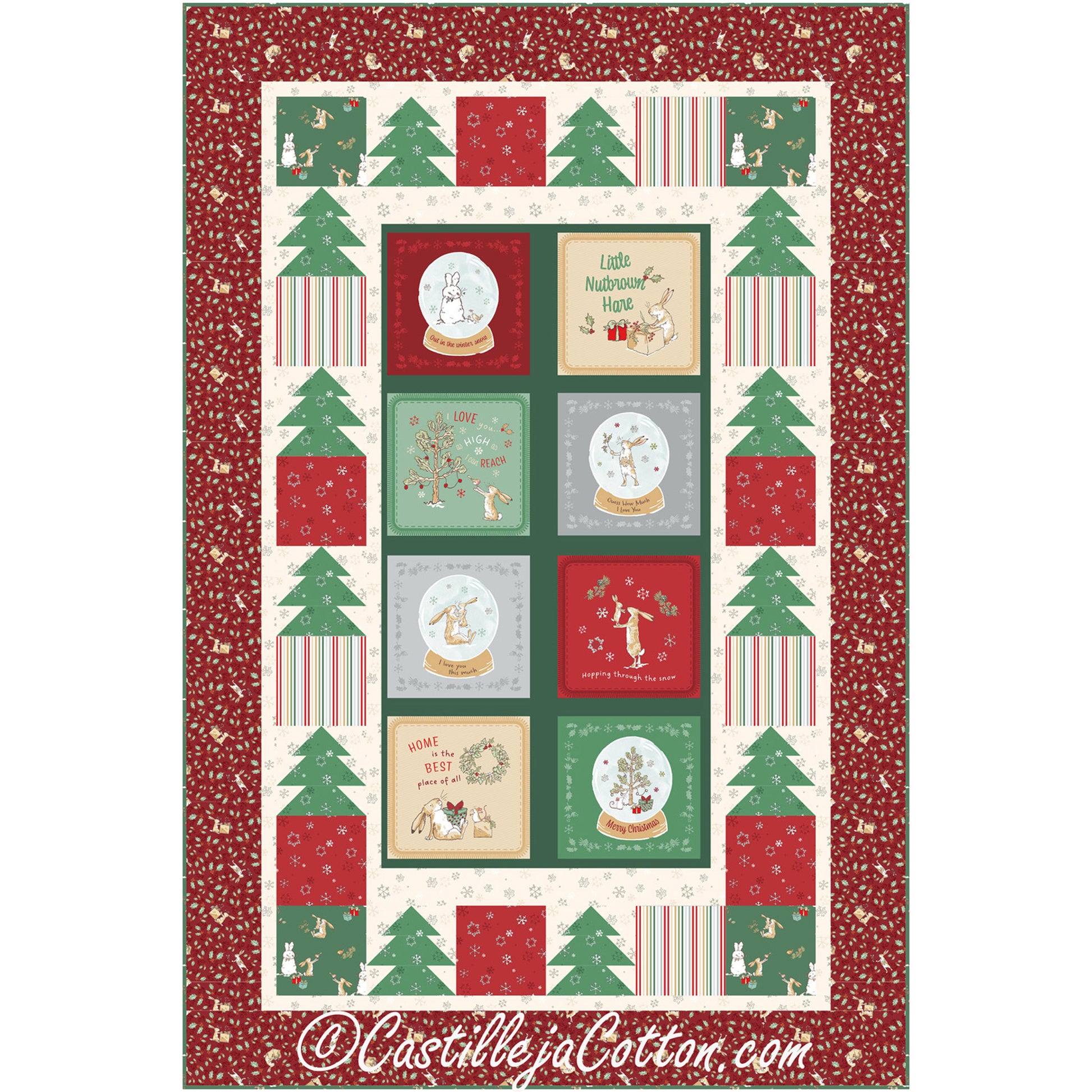 Fun holiday quilt features a panel of holiday sayings and snowballs with Christmas trees and presents border.