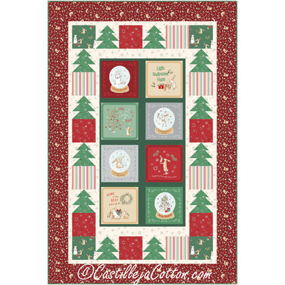 Fun holiday quilt features a panel of holiday sayings and snowballs with Christmas trees and presents border.