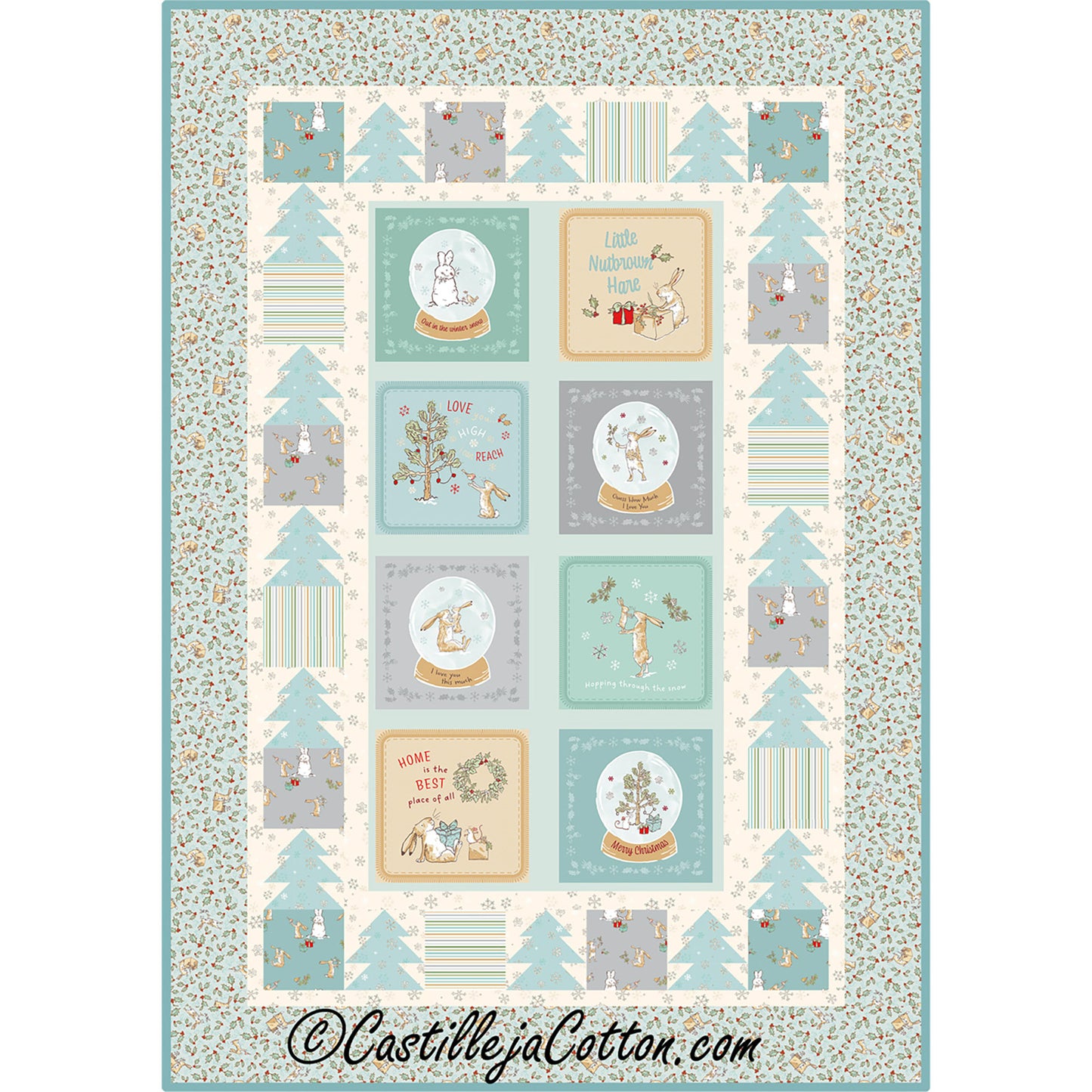 I Love You 2026 Pastel quilt features a panel with simple tree borders blocks alternating with plain squares. Christmas themed with the snow globes and wreath and cute bunnies.
