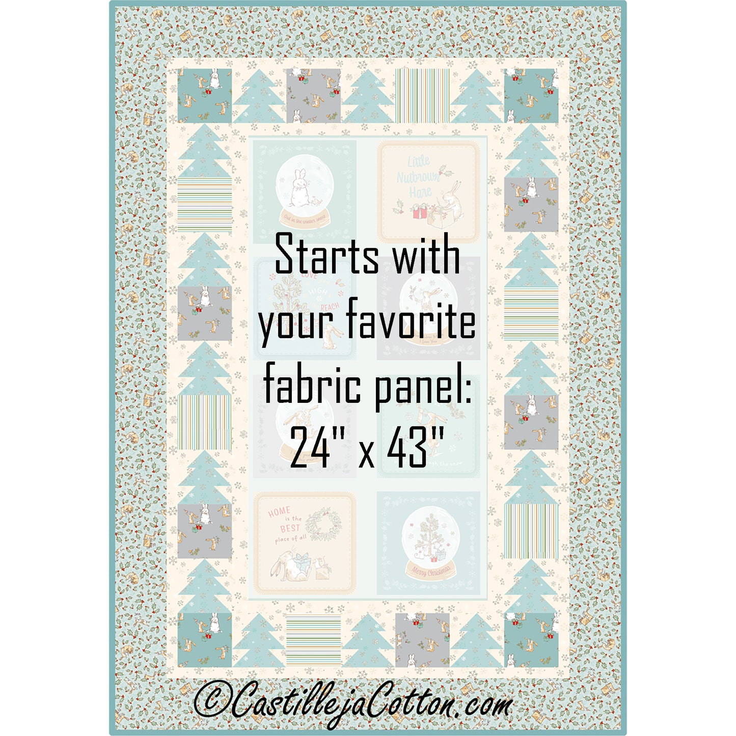 I Love You 2026 Pastel quilt features a panel with simple tree borders blocks alternating with plain squares. Image shows a white block where you add your own panel.
