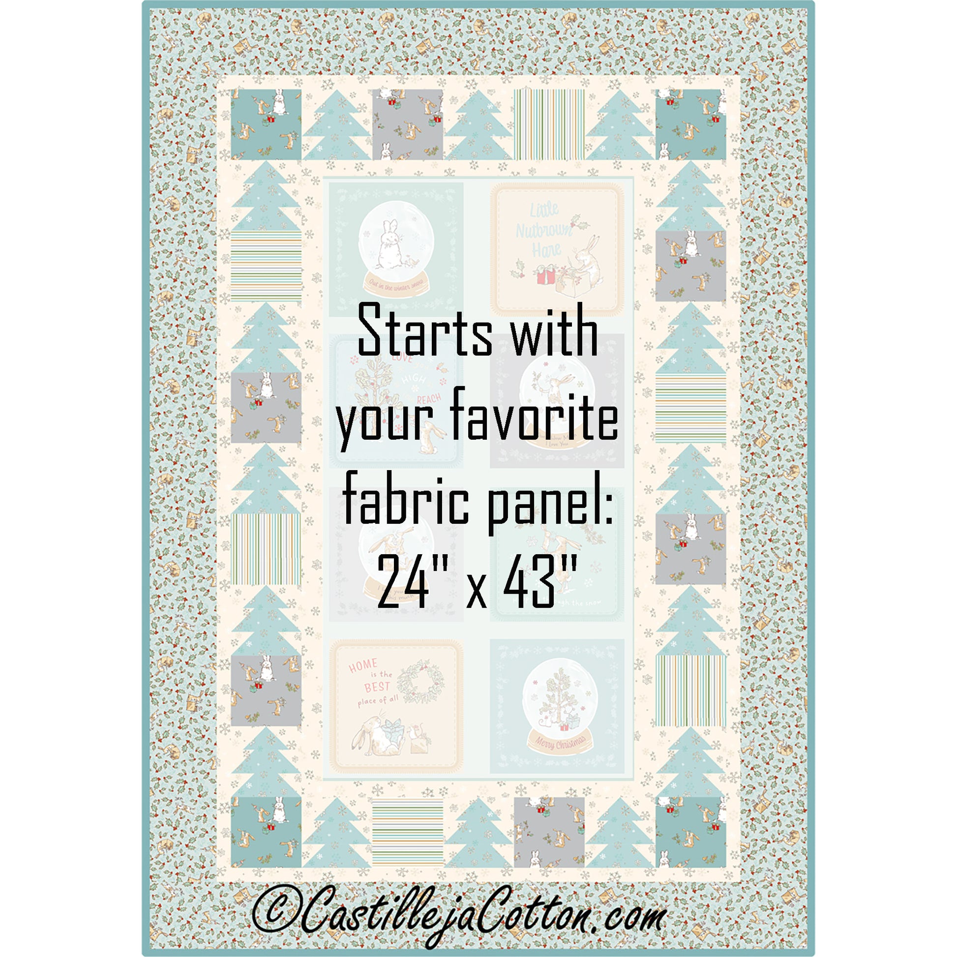I Love You 2026 Pastel quilt features a panel with simple tree borders blocks alternating with plain squares. Image shows a white block where you add your own panel.