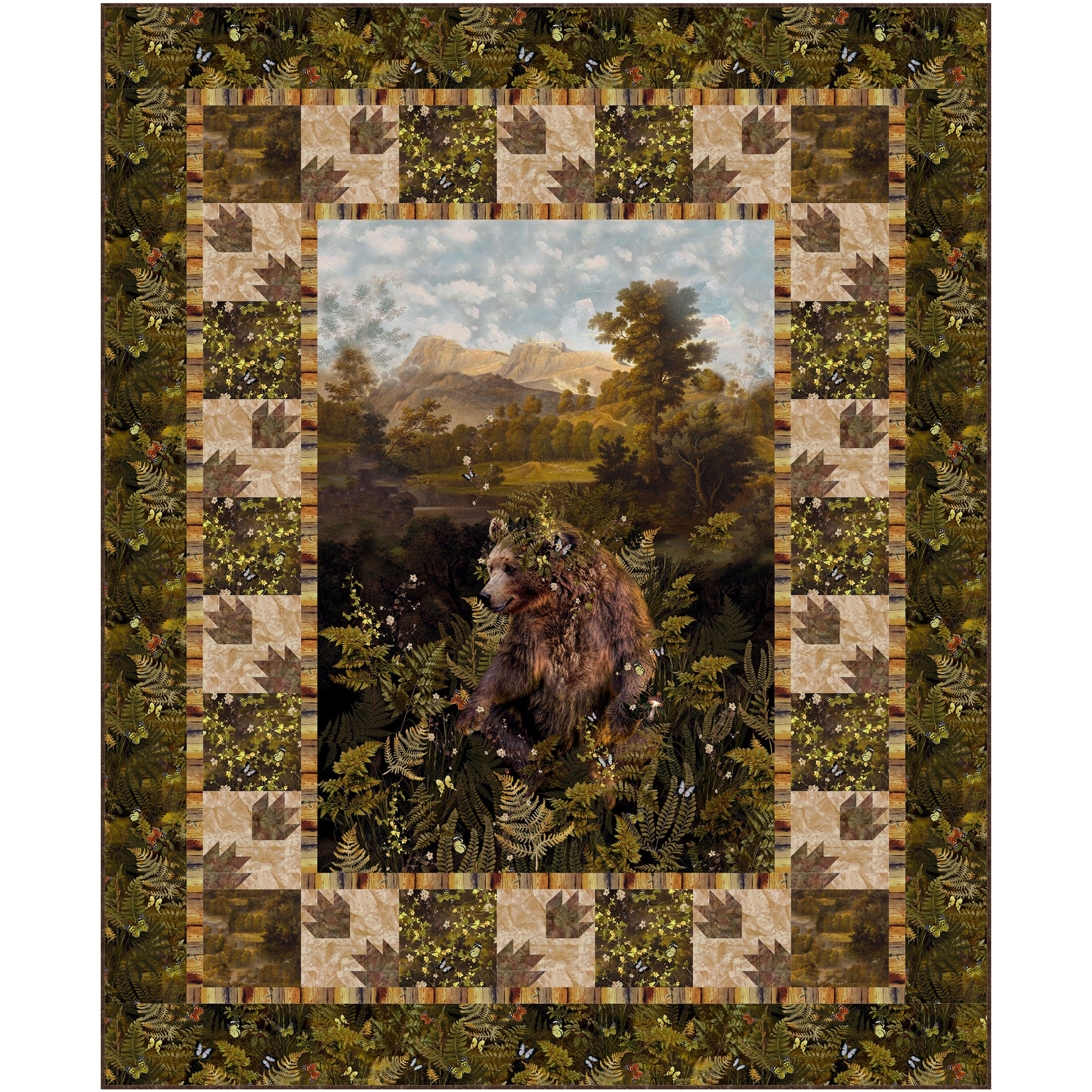 A cozy quilt featuring a bear at its center, set against a serene mountain backdrop. There are ferns growing up around the bear and the center design is bordered by squares of alternating designs from paw prints and leafy-greens. The final border is green ferns.